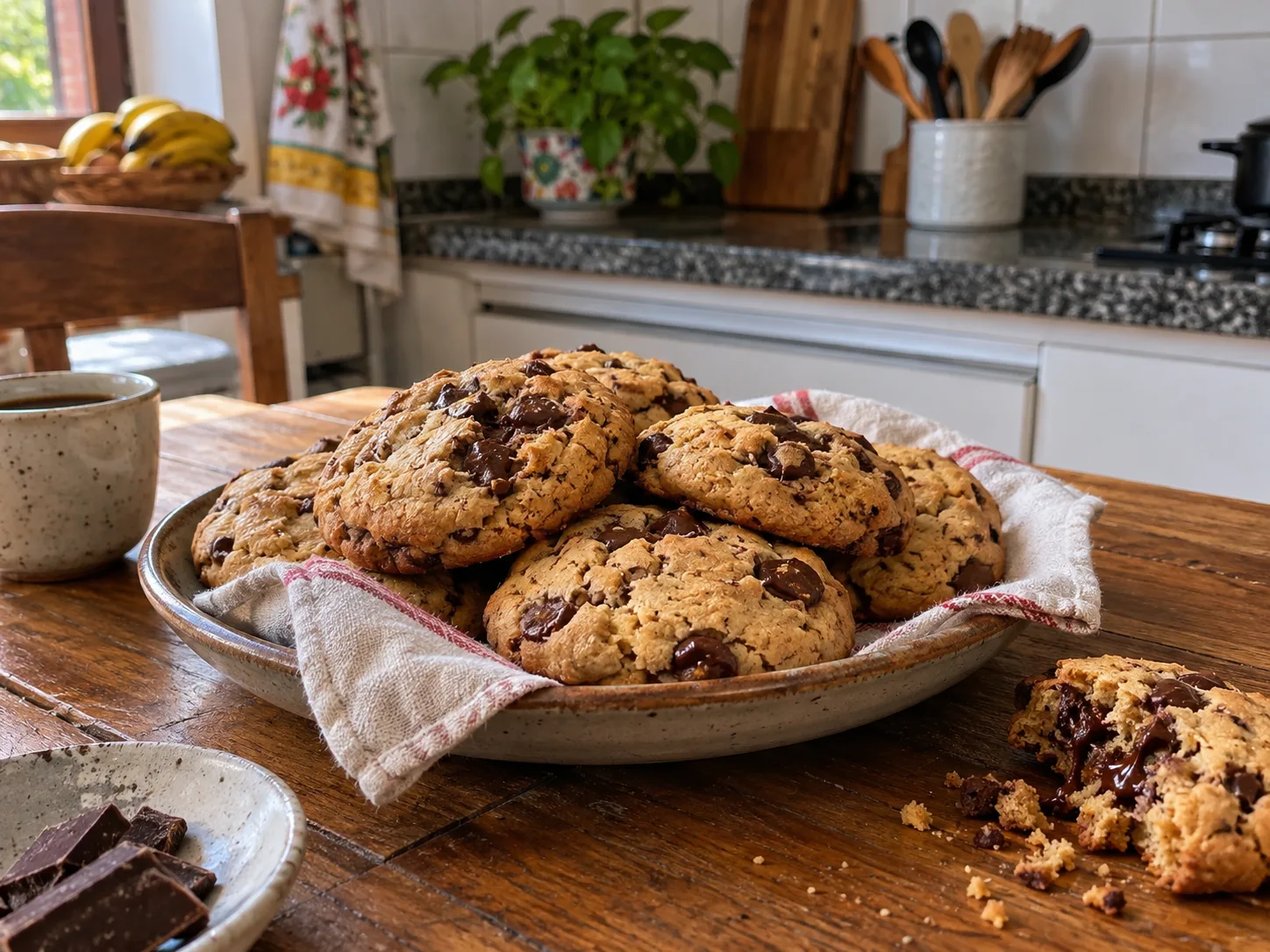 Cookies caseiros de chocolate sobre mesa de madeira em cozinha brasileira