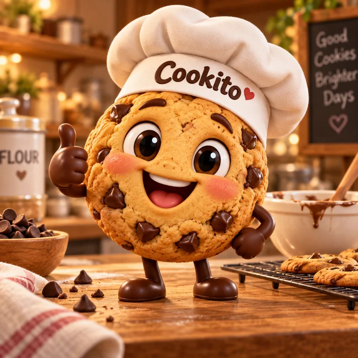 Cookito, mascote do Cookies Lucrativos, fazendo sinal de positivo