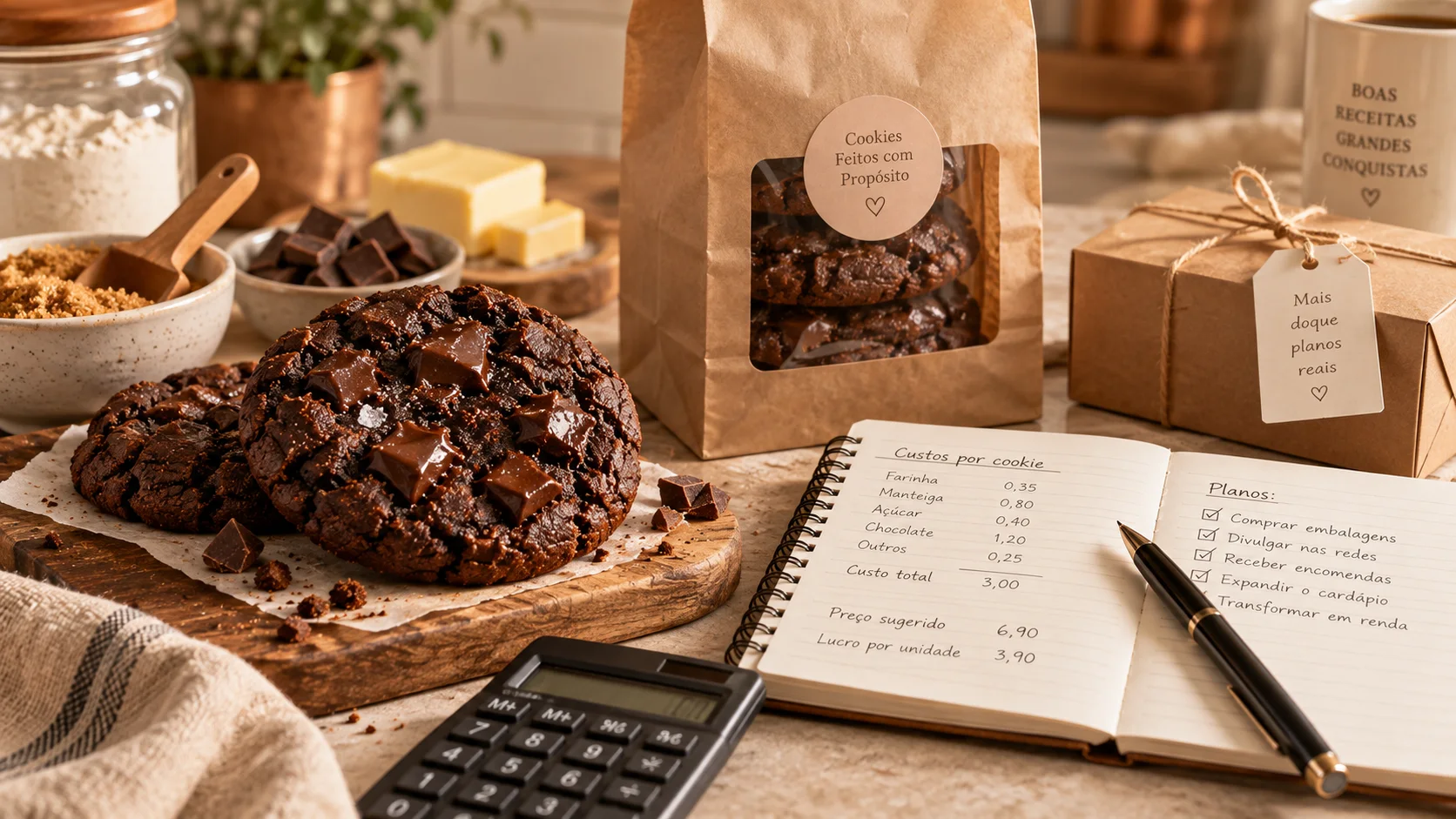 Cookies artesanais com calculadora, caderno de custos e embalagem