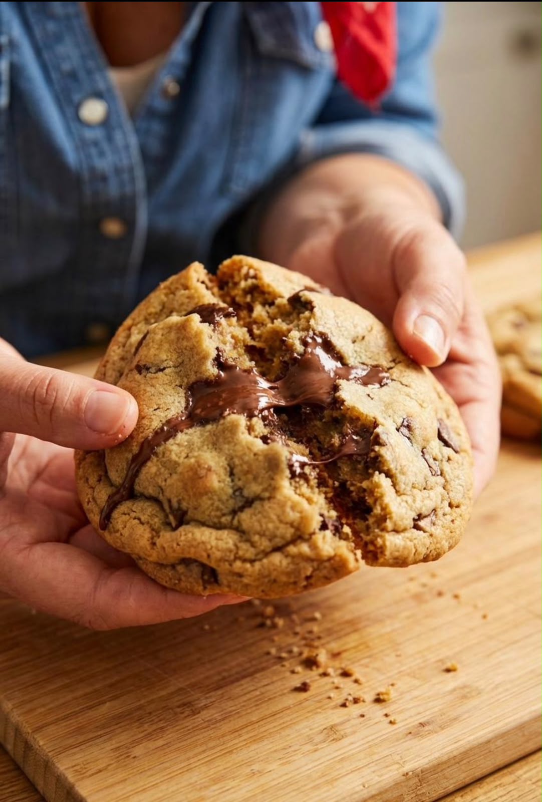 Cookie partido nas mãos, com chocolate derretido no centro