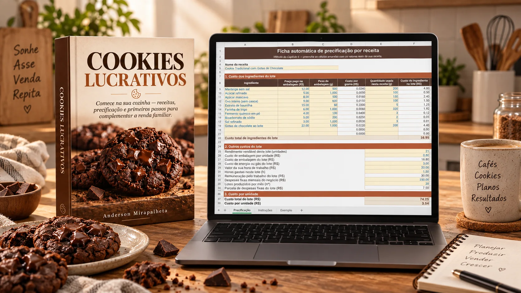 E-book Cookies Lucrativos sobre bancada de madeira com cookies artesanais