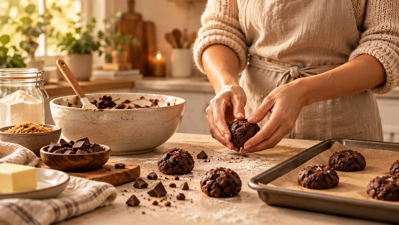 Pessoa preparando cookies de chocolate em uma cozinha doméstica